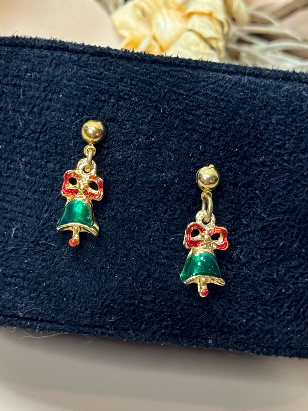 Vintage Gold Tone Christmas Bell Dangle Earrings Red Green Enamel Bow